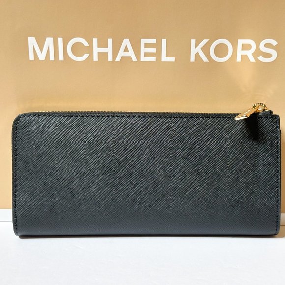 Michael Kors Jet Set Travel Large Three Quarter Zip Leather Wallet Black - Picture 2 of 9